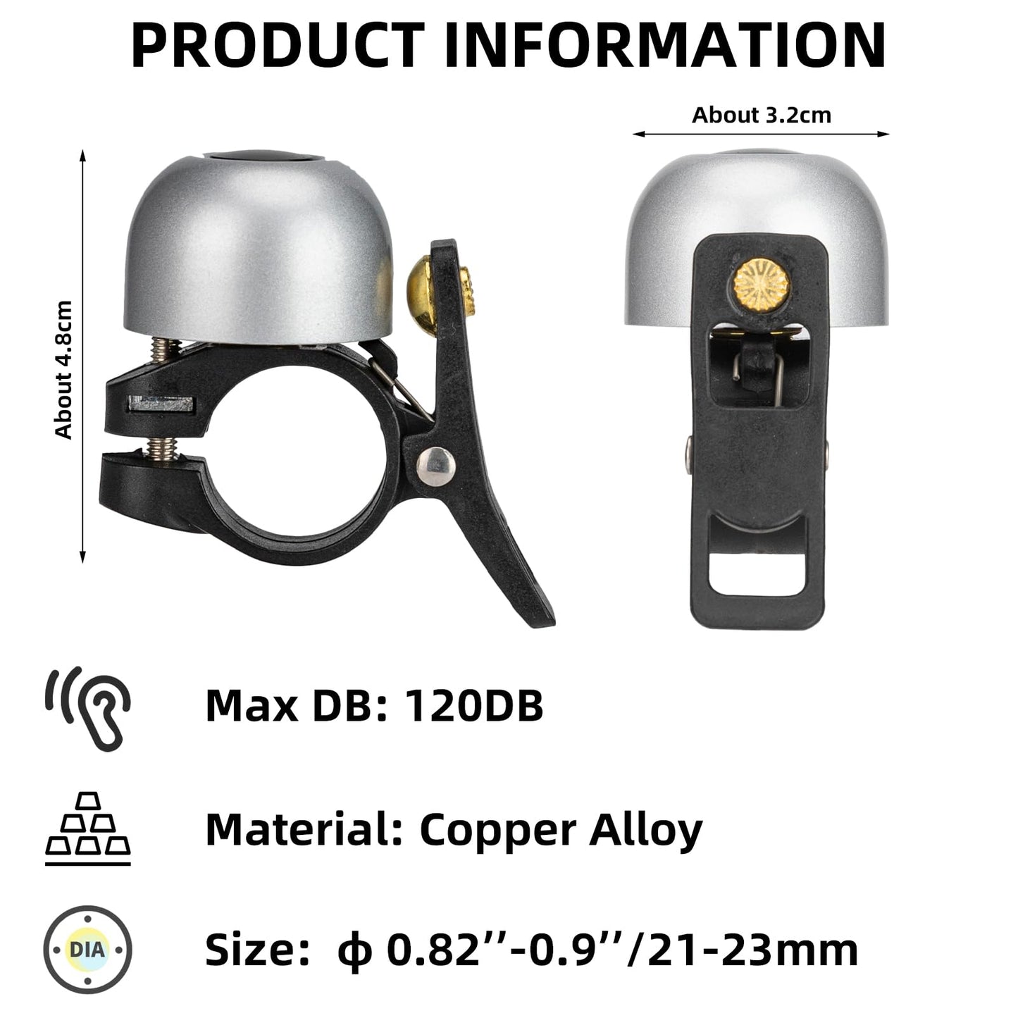 ROCKBROS Copper Alloy Bike Bell, Loud Classic Ring, Fits 21-23mm Handlebars for Adults