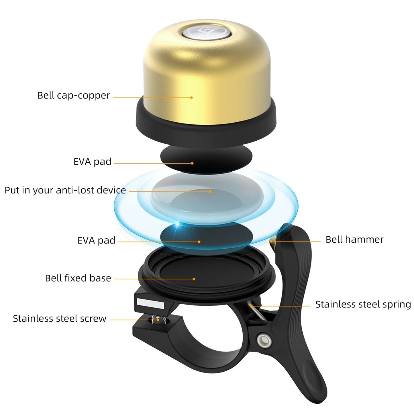 ROCKBROS Hidden AirTag Bike Bell, Anti-Theft GPS Tracker for 0.87"/22.2mm, 1"/25.4mm, 1.25"/31.8mm Handlebars