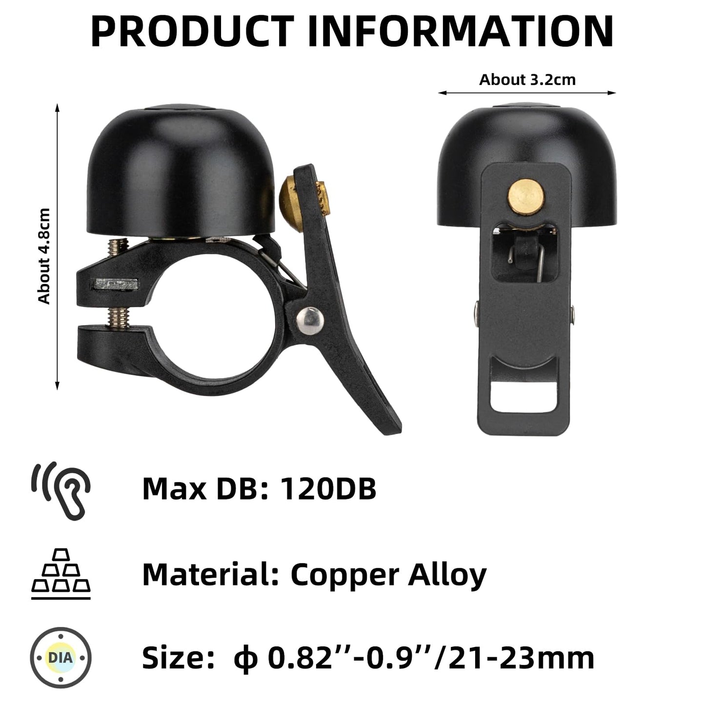 ROCKBROS Copper Alloy Bike Bell, Loud Classic Ring, Fits 21-23mm Handlebars for Adults