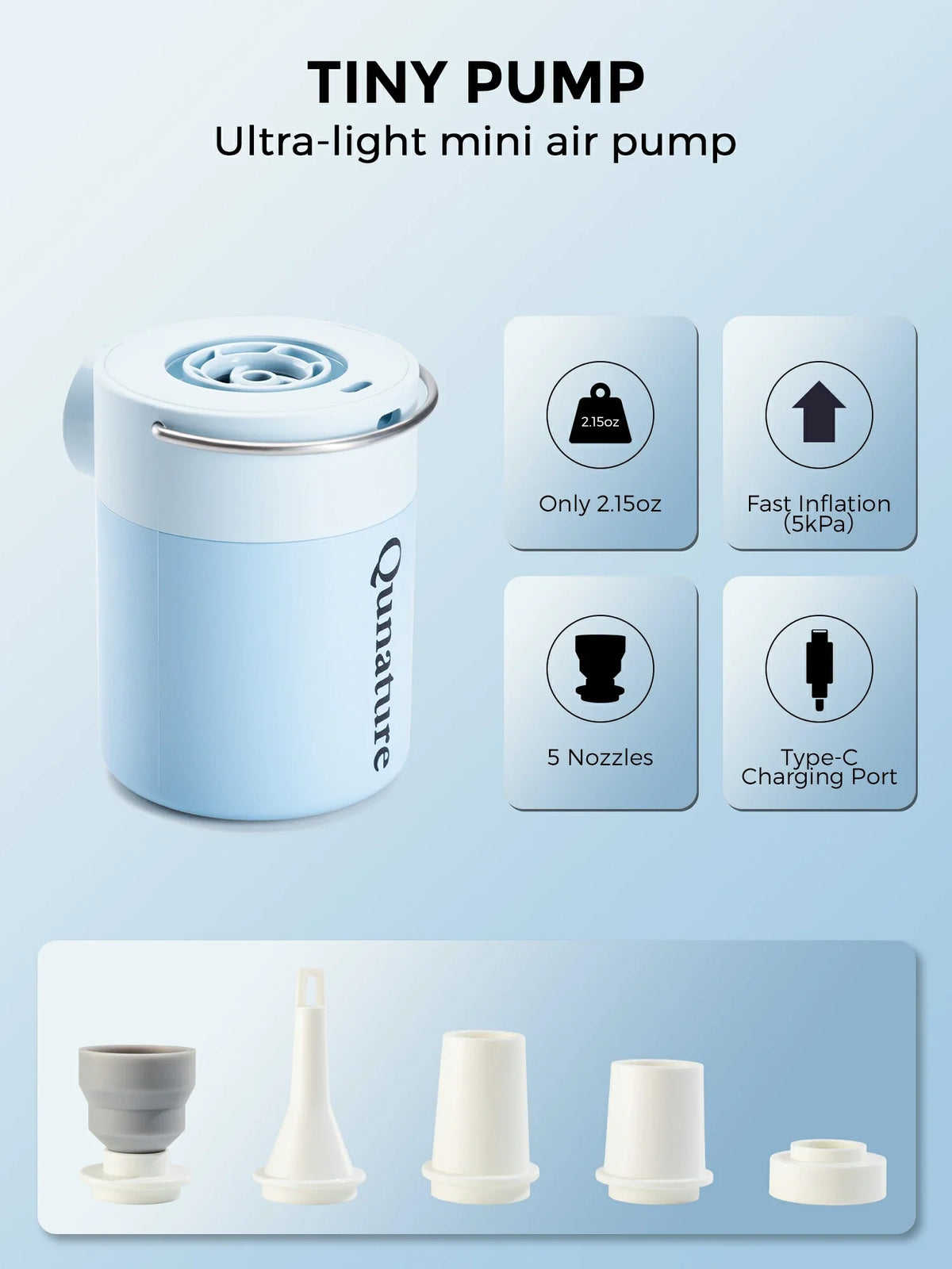 Qunature Mini Electric Pump 1500mAh for Air Bed Mattress,Pool Floats,Swimming Ring,Vacuum Storage Bags