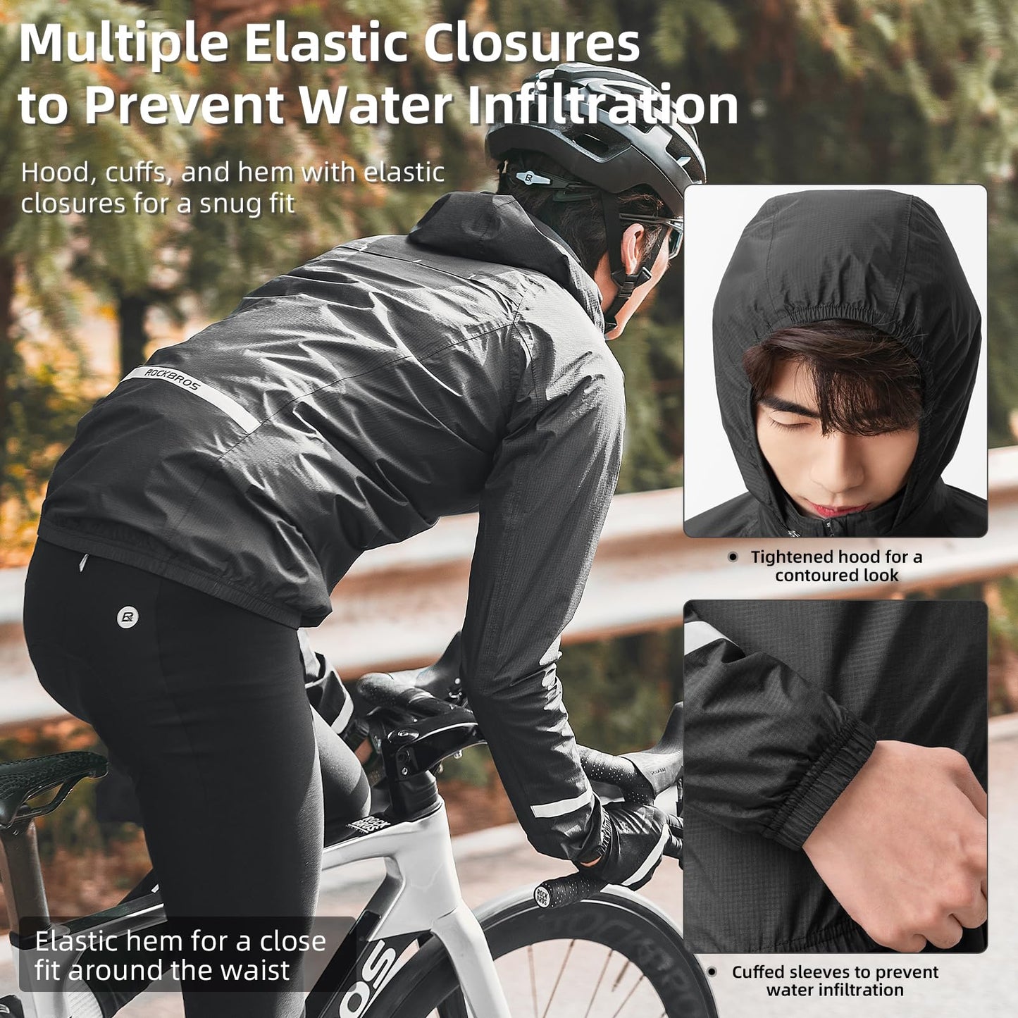 ROCKBROS Men's Waterproof Cycling Rain Jacket with Hood, Lightweight Reflective